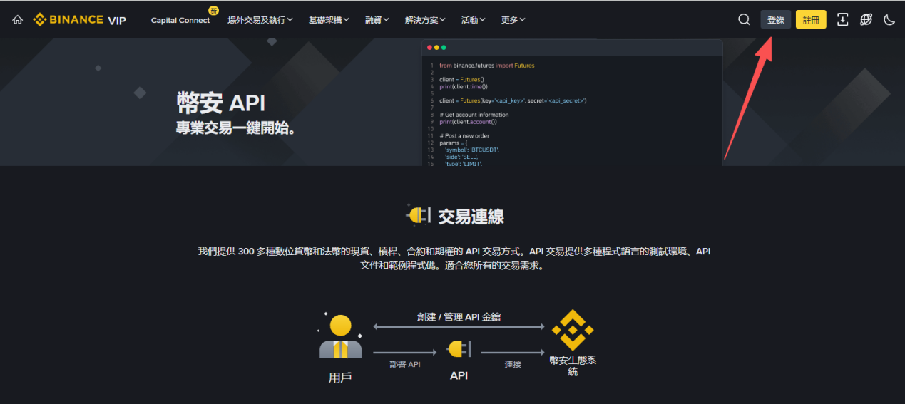 币安 API 官网，点击右上角登录按钮
